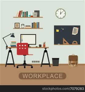 Workplace in room.. Workplace in room. Modern vector interior with furniture. Vector banner of workspace in flat style.