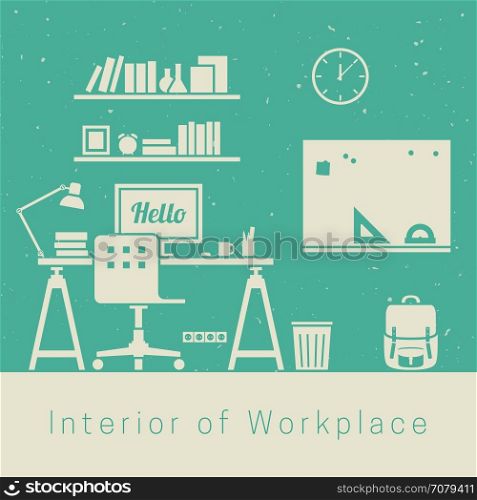 Workplace. Interior of Workplace. Vector silhouette of room interior with workplace.