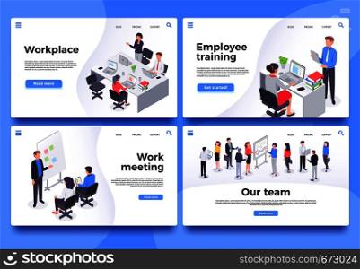 Workplace landing page. Office workers, brainstorm meeting and business team. Designer working workspace, developer workflow or team job brainstorming web page vector illustration set. Workplace landing page. Office workers, brainstorm meeting and business team vector illustration set