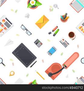 Workplace Objects Seamless Pattern . Workplace objects seamless pattern with stationery lamp and coffee flat isolated vector illustration