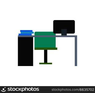 Workplace of businessman including personal computer, desk and blue chair with some important documents on table vector illustration. Workplace of Businessman on Vector Illustration