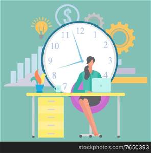 Workplace of freelancer vector, lady with laptop working on project. Character sitting by table, clock and gear symbol, dollar currency sign and light bulb. Freelancer Working From Home Woman at Workplace