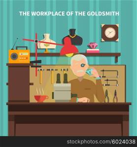 Workplace Of Goldsmith Illustration . Workplace of goldsmith with jewels room furniture and equipment flat vector illustration