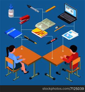 Workplace of modern students isometric vector design. Illustration of workplace student 3d, isometric education and studying. Workplace of modern students isometric vector design