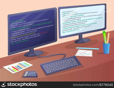 Workplace of office worker or programmer with code screen. Desktop with computer monitor and keyboard. Modern digital device electronic means of communications, computing machine on table with notes. Workplace of office worker programmer with code screen. Desktop with computer monitor and keyboard