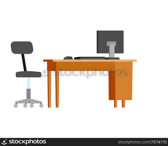 Workplace of office workers, furniture isolated icon vector. Table made of wood, armchair of boss, desk with personal computer on top, modern devices. Workplace of Office Workers, Furniture Isolated