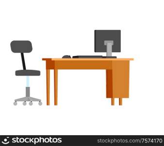 Workplace of office workers, furniture isolated icon vector. Table made of wood, armchair of boss, desk with personal computer on top, modern devices. Workplace of Office Workers, Furniture Isolated