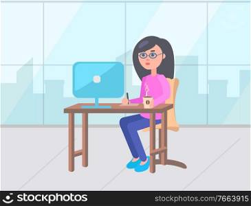 Workplace of woman vector, person wearing glasses sitting by table. Laptop on table, cup of coffee on break. Female working from home or office flat style. Woman Using Laptop at Working Space, Workplace