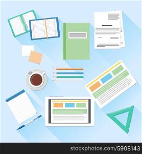 Workplace office and business work elements set. Mobile device tablet and documents