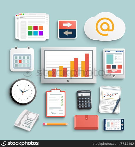 Workplace office and business work elements set. Mobile devices and documents