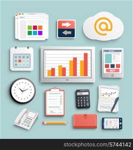 Workplace office and business work elements set. Mobile devices and documents