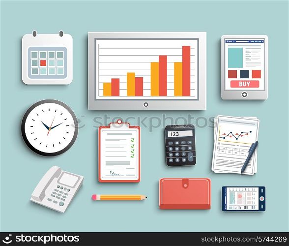 Workplace office and business work elements set. Mobile devices and documents