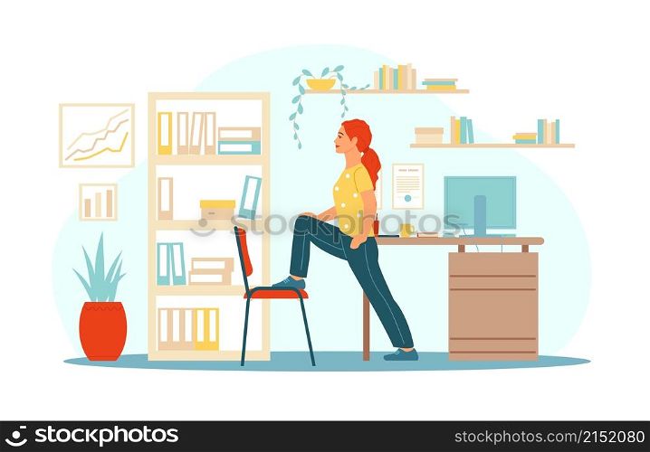 Workplace physical exercises. Home office fitness. Woman does physical workout. Helpful break during work. Healthy activity. Training with furniture. Person stands in stretching pose. Vector concept. Workplace physical exercises. Home office fitness. Woman does physical workout. Helpful break during work. Training with furniture. Person stands in stretching pose. Vector concept