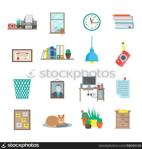 Workplace room icons set with table bookshelf supplies certificate isolated vector illustration. Workplace Icons Set