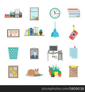 Workplace room icons set with table bookshelf supplies certificate isolated vector illustration. Workplace Icons Set