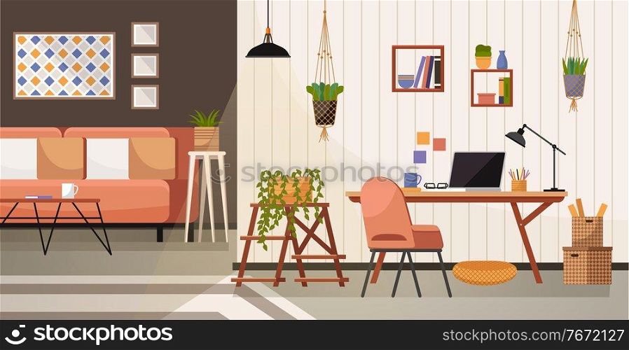 Workplace room, modern bright interior, cabinet. Working from home. Remote work. Interior empty no people. Office with computer in living room. Colorful vector in flat cartoon style. Modern workspace. Workplace room, modern bright interior, cabinet. Working from home. Remote work