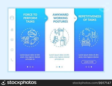 Workplace safety stressors onboarding vector template. Awkward working postures. Tasks repetitiveness. Responsive mobile website with icons. Webpage walkthrough step screens. RGB color concept. Workplace safety stressors onboarding vector template