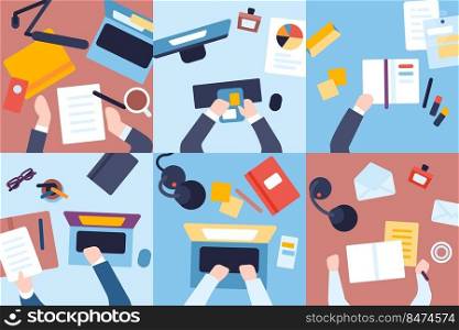 Workplace top view. Employee workspace. Office worker hands and laptops. People working with computers and paper documents. Managers desktops set. Stationery and electronic devices. Vector concept. Workplace top view. Employee workspace. Office worker hands and laptops. People working with computers. Managers desktops set. Stationery and devices. Paper documents. Vector concept
