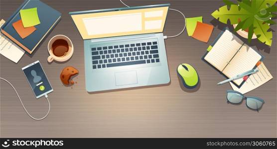 Workplace top view, office desk, work space with coffee cup, crumbled cookie, potted plant, mobile phone and document around laptop. Work place with glasses and stationery cartoon vector illustration. Workplace top view, office desk, room work space