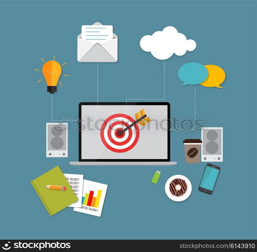 Workplace. Vector illustration. Flat computing background.