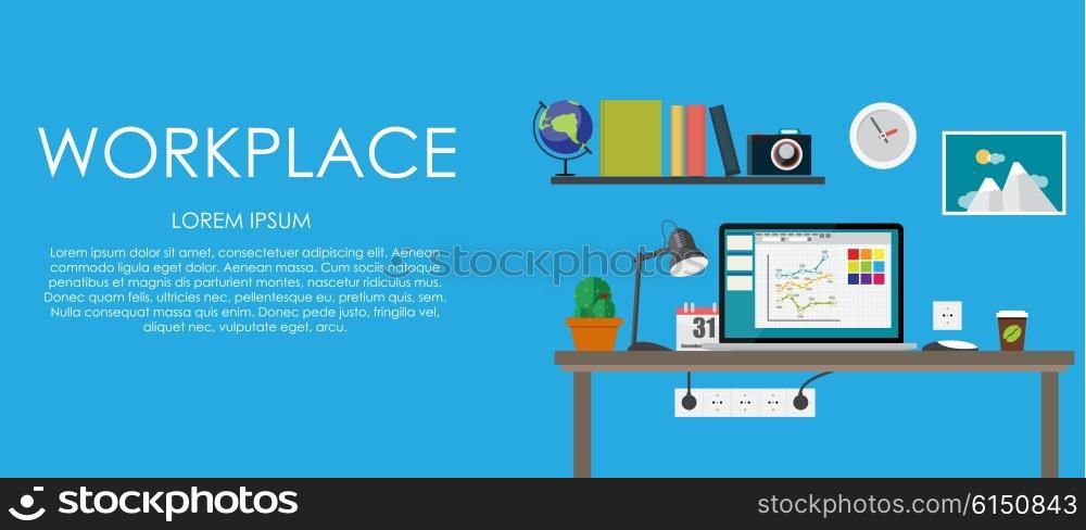 Workplace. Vector illustration. Flat computing background.