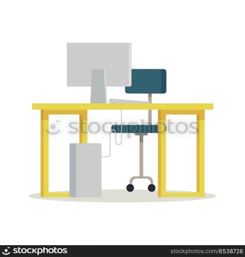 Workplace vector illustration in flat style. Picture of chair, table and computer for job, office work, furniture concepts, infographics, web design. Isolated on white background. . Workplace with Computer Vector Illustration.. Workplace with Computer Vector Illustration.