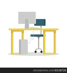 Workplace vector illustration in flat style. Picture of chair, table and computer for job, office work, furniture concepts, infographics, web design. Isolated on white background. . Workplace with Computer Vector Illustration.. Workplace with Computer Vector Illustration.