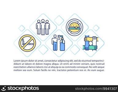 Workplace wellness concept icon with text. Working environment with improved healthy standarts. PPT page vector template. Brochure, magazine, booklet design element with linear illustrations. Workplace wellness concept icon with text