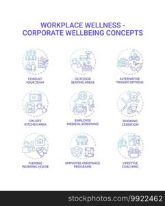 Workplace wellness concept icons set. Corporate wellbeing idea thin line RGB color illustrations. Outdoor seating. Employee assistance programs. Lifestyle coaching. Vector isolated outline drawings. Workplace wellness concept icons set