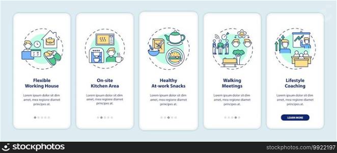 Workplace wellness ex&les onboarding mobile app page screen with concepts. Walking meetings, healthy snacks walkthrough 5 steps graphic instructions. UI vector template with RGB color illustrations. Workplace wellness ex&les onboarding mobile app page screen with concepts
