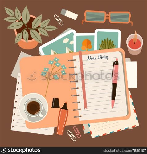 Workplace with a personal diary. Personal planning and organization. Vector flat illustration