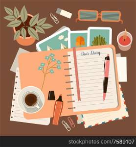 Workplace with a personal diary. Personal planning and organization. Vector flat illustration