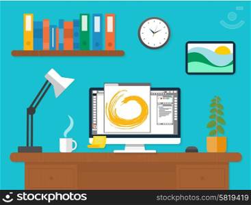 Workplace with clock, lamp, stationery and documents