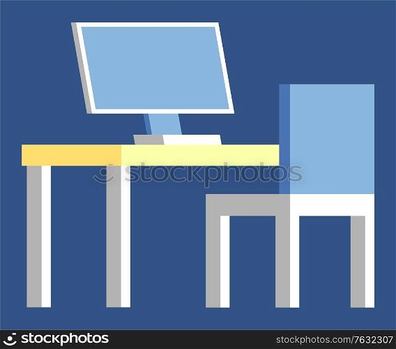 Workplace with computer new technologies and devices, isolated table with laptop and chair. Blue interior furniture of seat and wooden armchair. Vector illustration in flat cartoon style. Computer Device with Screen on Table Workplace