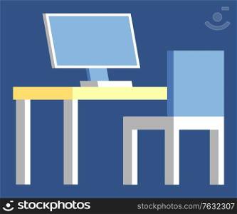 Workplace with computer new technologies and devices, isolated table with laptop and chair. Blue interior furniture of seat and wooden armchair. Vector illustration in flat cartoon style. Computer Device with Screen on Table Workplace