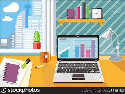 Workplace with laptop, clock, lamp, stationery and documents