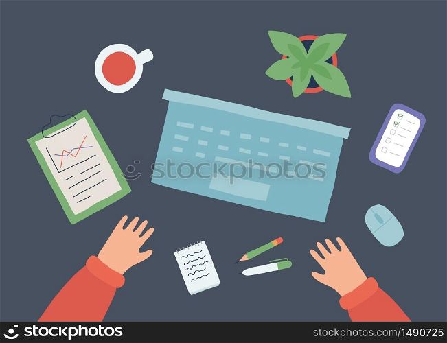 Workplace with laptop, smartphone, cup of coffee, notepad and hands. Desktop top view. Vector illustration in flat style. Workplace with laptop, smartphone, cup of coffee, notepad and hands. Desktop top view. Vector illustration