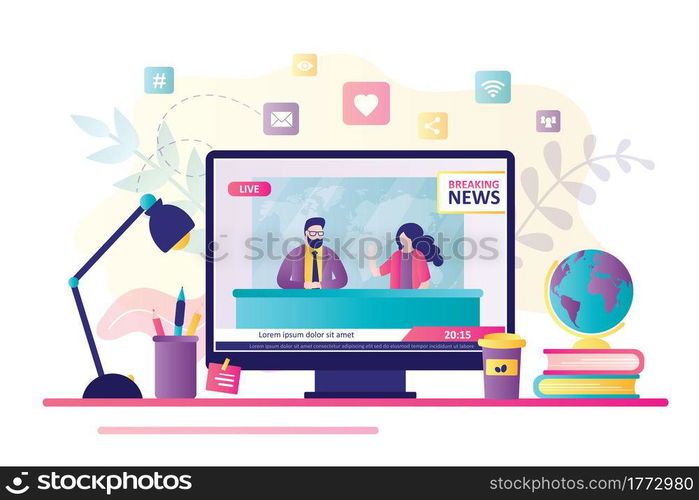 Workplace with monitor, breaking news live on display. TV presenters sit in studio. Caucasian