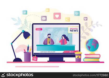 Workplace with monitor, breaking news live on display. TV presenters sit in studio. Caucasian journalists in internet. Female and male newscasters tells daily world news. Flat vector illustration. Workplace with monitor, breaking news live on display. TV presenters sit in studio. Caucasian journalists in internet.