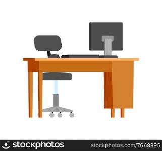 Workplace, wooden table with personal computer vector. Isolated icon of desktop with pc keyboard and mouse, business appliances, devices for work. Workplace, Wooden Table with Personal Computer