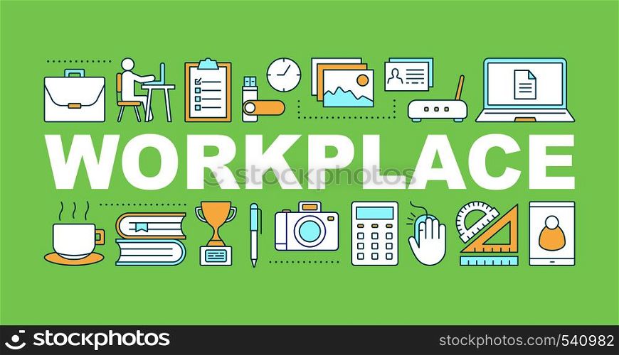 Workplace word concepts banner. Work space. Office supply. Isolated lettering typography idea with linear icons. Decor, equipment, accessories. Vector outline illustration. Workplace word concepts banner