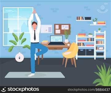 Workplace workout flat color vector illustration. Manager doing yoga. Man stretching arms, legs during work day. Training employee 2D cartoon character with office space on background. Workplace workout flat color vector illustration