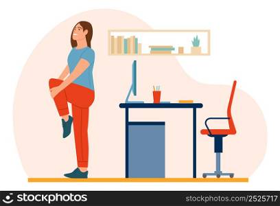 Workplace workout people. Young woman doing sport exercises in office. Active work break. Healthy lifestyle. Workspace physical training scene. Vector worker standing in fitness stretching position. Workplace workout people. Woman doing sport exercises in office. Work break. Healthy lifestyle. Workspace physical training scene. Vector worker standing in fitness stretching position