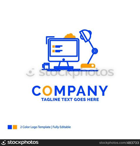 workplace, workstation, office, lamp, computer Blue Yellow Business Logo template. Creative Design Template Place for Tagline.
