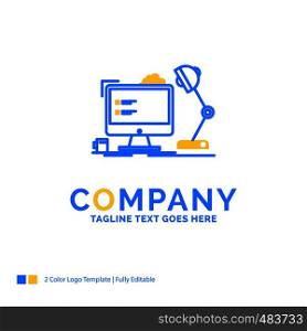 workplace, workstation, office, lamp, computer Blue Yellow Business Logo template. Creative Design Template Place for Tagline.