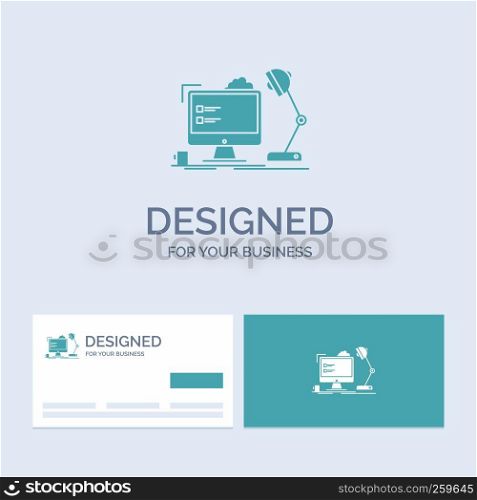 workplace, workstation, office, lamp, computer Business Logo Glyph Icon Symbol for your business. Turquoise Business Cards with Brand logo template.
