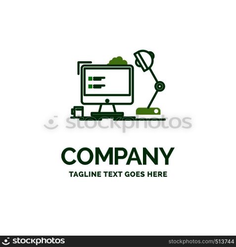 workplace, workstation, office, lamp, computer Flat Business Logo template. Creative Green Brand Name Design.