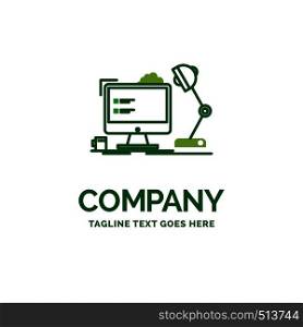 workplace, workstation, office, lamp, computer Flat Business Logo template. Creative Green Brand Name Design.