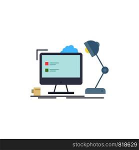 workplace, workstation, office, lamp, computer Flat Color Icon Vector