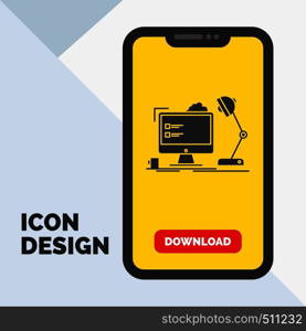workplace, workstation, office, lamp, computer Glyph Icon in Mobile for Download Page. Yellow Background. Vector EPS10 Abstract Template background